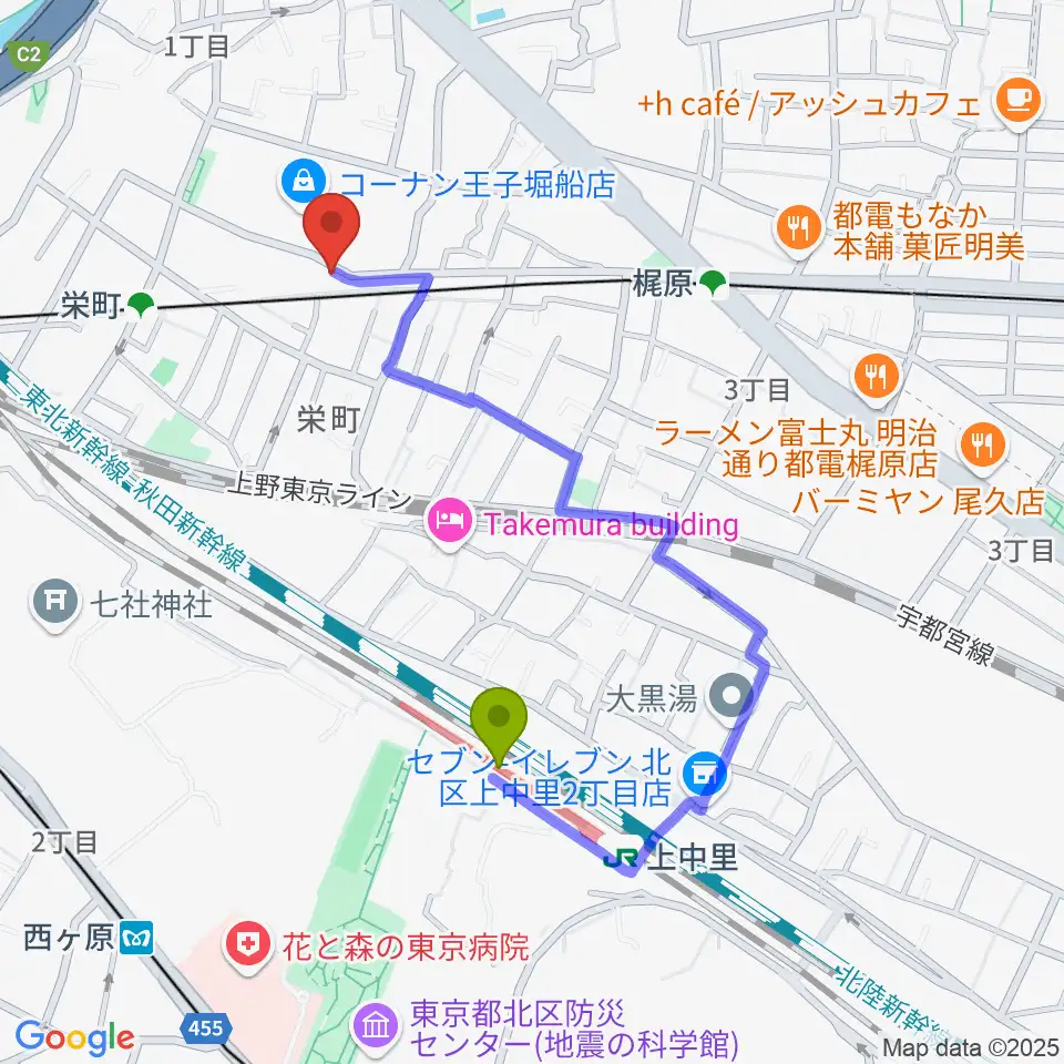 上中里駅から邦楽囃子方 五代目 望月朴清へのルートマップ地図