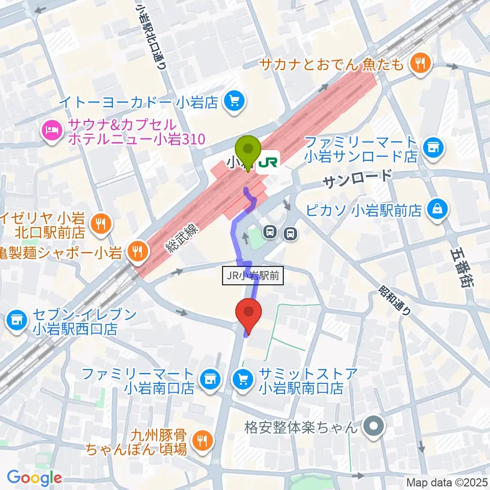 音曲堂の最寄駅小岩駅からの徒歩ルート（約3分）地図