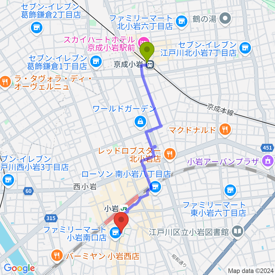 京成小岩駅から音曲堂へのルートマップ地図