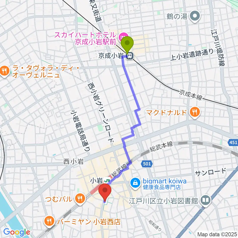 京成小岩駅から音曲堂へのルートマップ地図