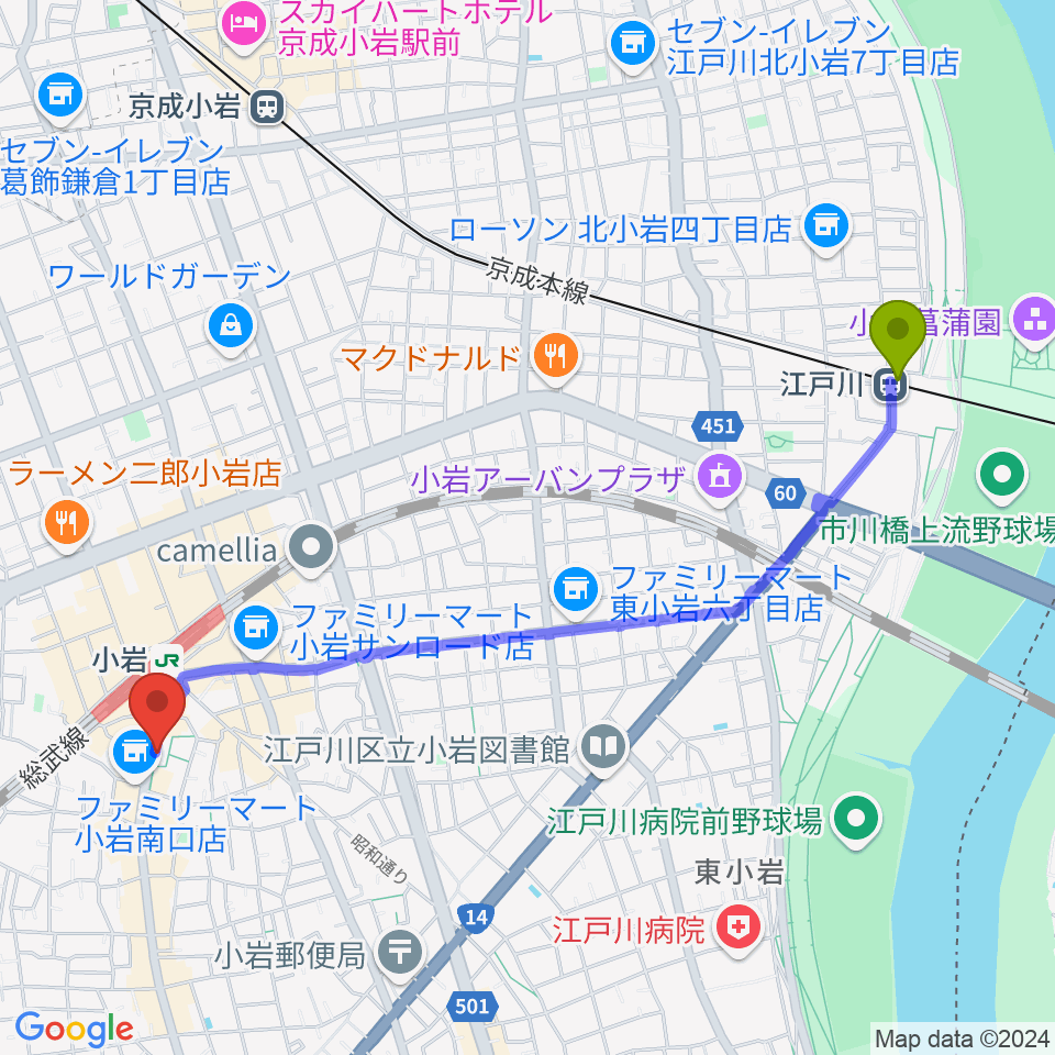 江戸川駅から音曲堂へのルートマップ地図