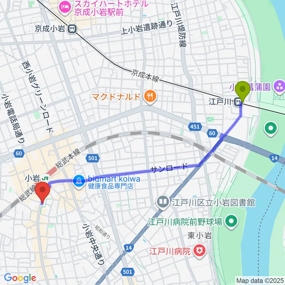 江戸川駅から音曲堂へのルートマップ地図