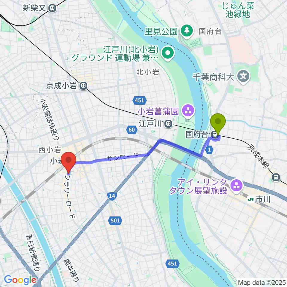 国府台駅から音曲堂へのルートマップ地図