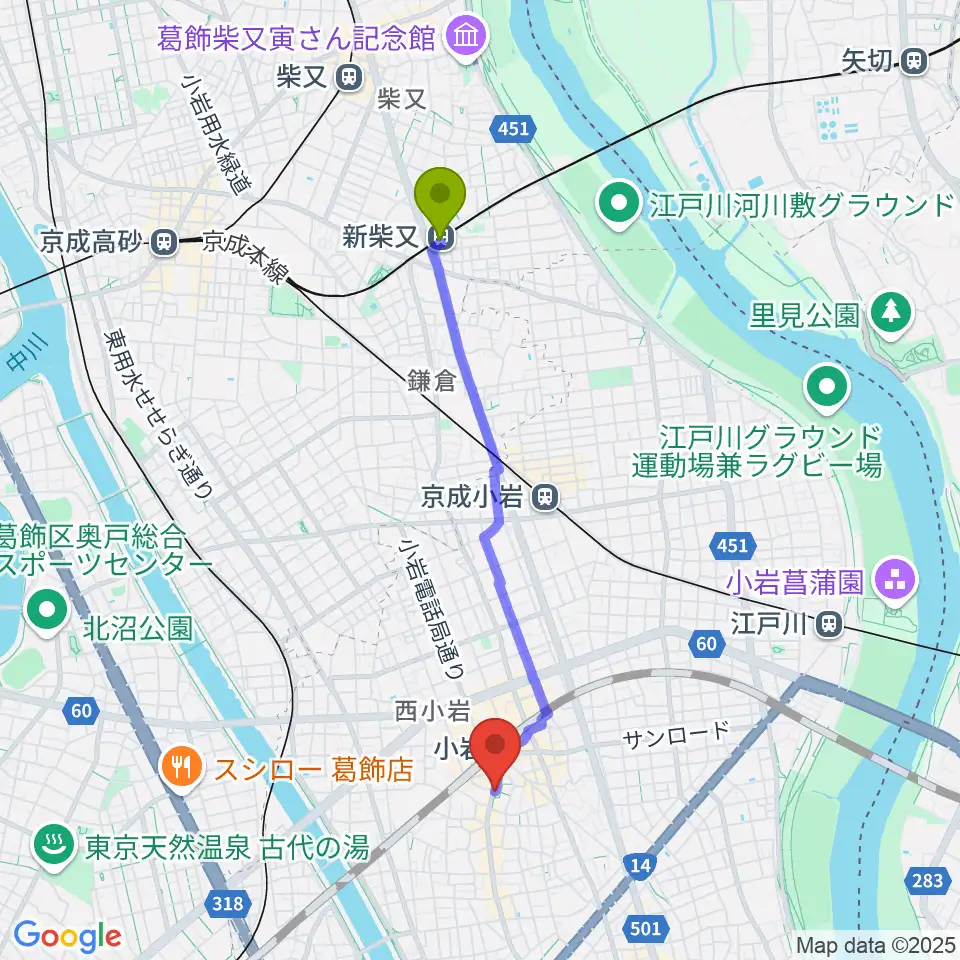 新柴又駅から音曲堂へのルートマップ地図
