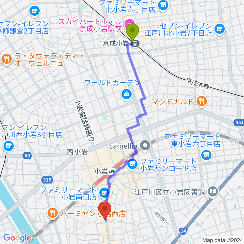 京成小岩駅からメイト音楽学院へのルートマップ地図