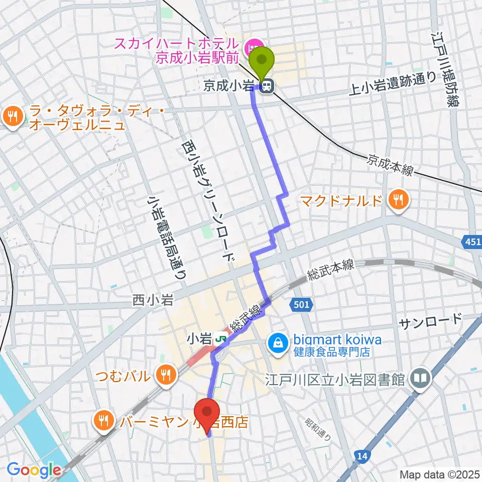 京成小岩駅からメイト音楽学院へのルートマップ地図