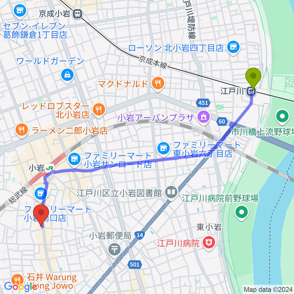 江戸川駅からメイト音楽学院へのルートマップ地図