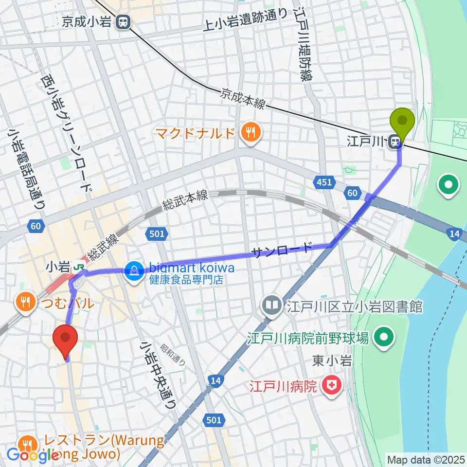 江戸川駅からメイト音楽学院へのルートマップ地図