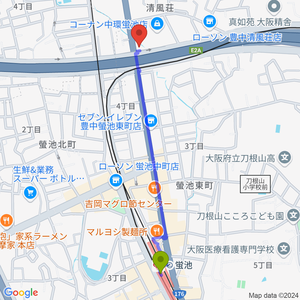 ナルホドの最寄駅蛍池駅からの徒歩ルート（約12分）地図