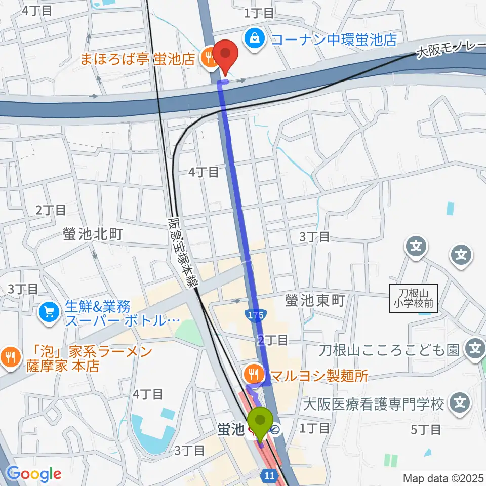 ナルホドの最寄駅蛍池駅からの徒歩ルート（約12分）地図