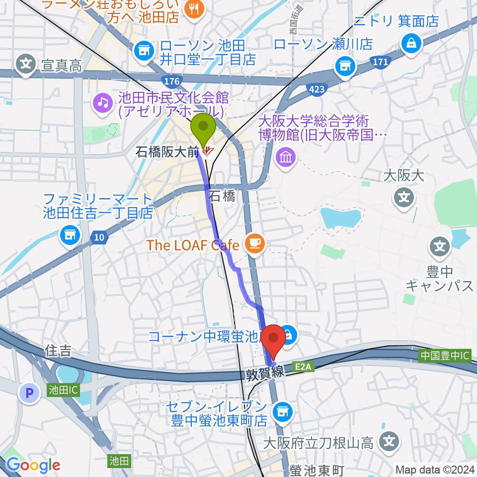 石橋阪大前駅からナルホドへのルートマップ地図