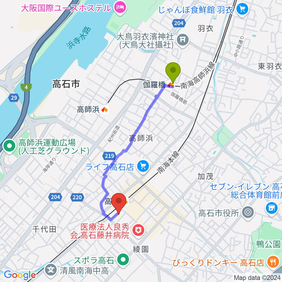 伽羅橋駅からStudio EVERへのルートマップ地図