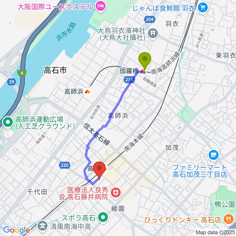 伽羅橋駅からStudio EVERへのルートマップ地図