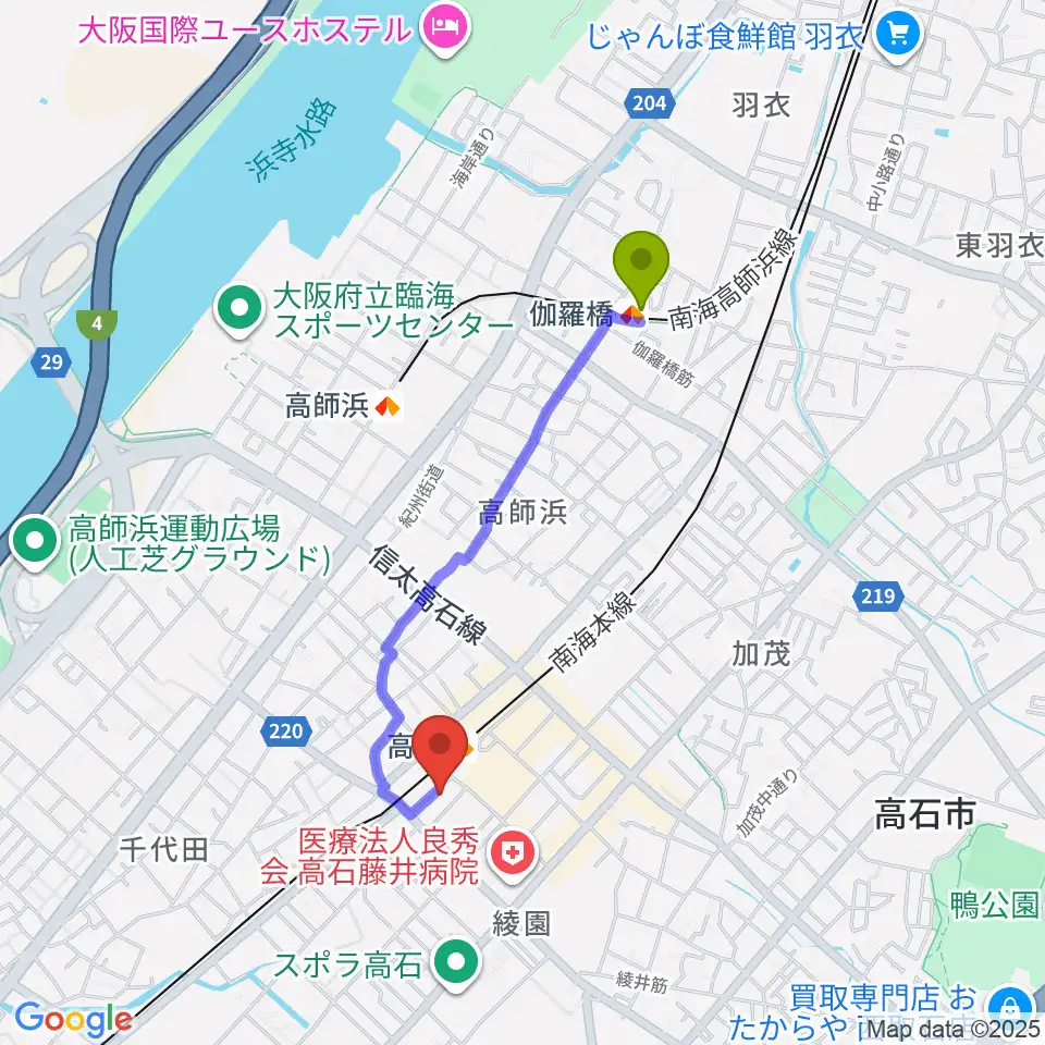 伽羅橋駅からStudio EVERへのルートマップ地図