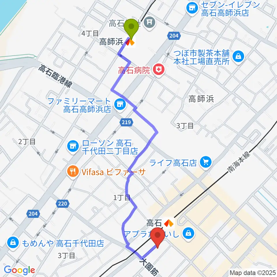 高師浜駅からStudio EVERへのルートマップ地図