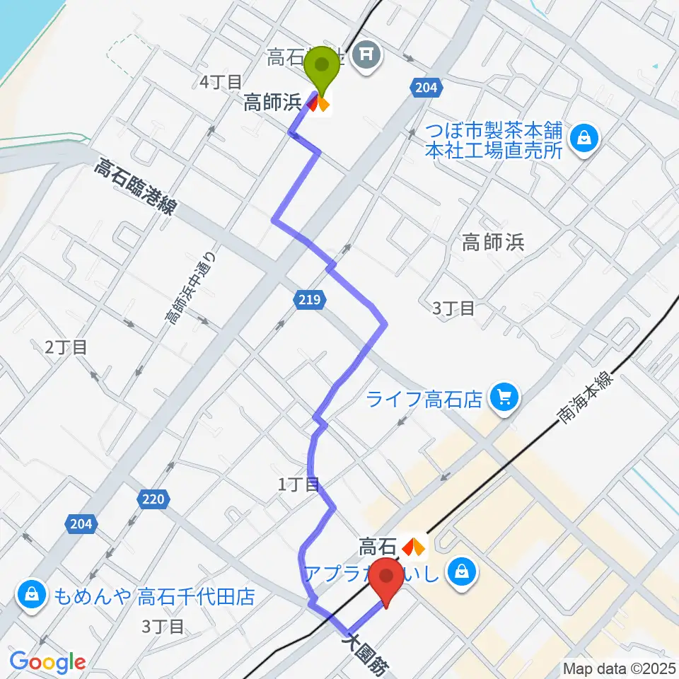 高師浜駅からStudio EVERへのルートマップ地図