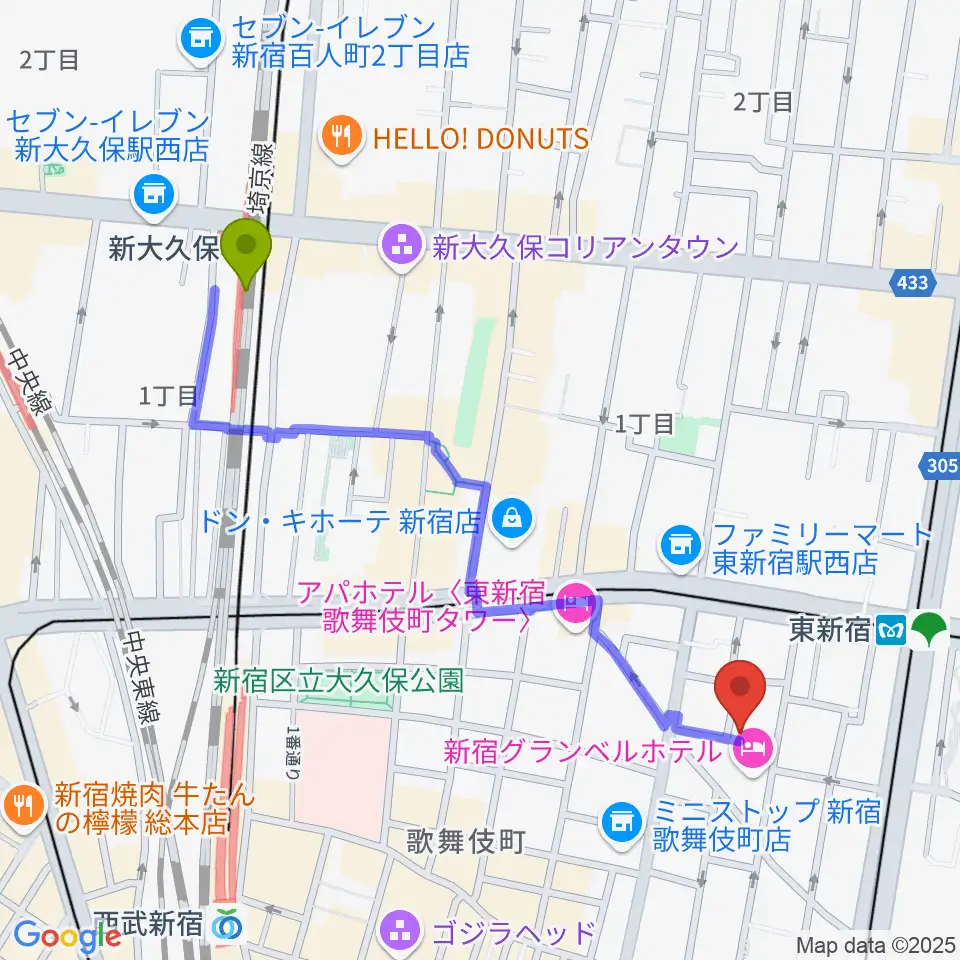 新大久保駅からコフレリオ新宿シアターへのルートマップ地図