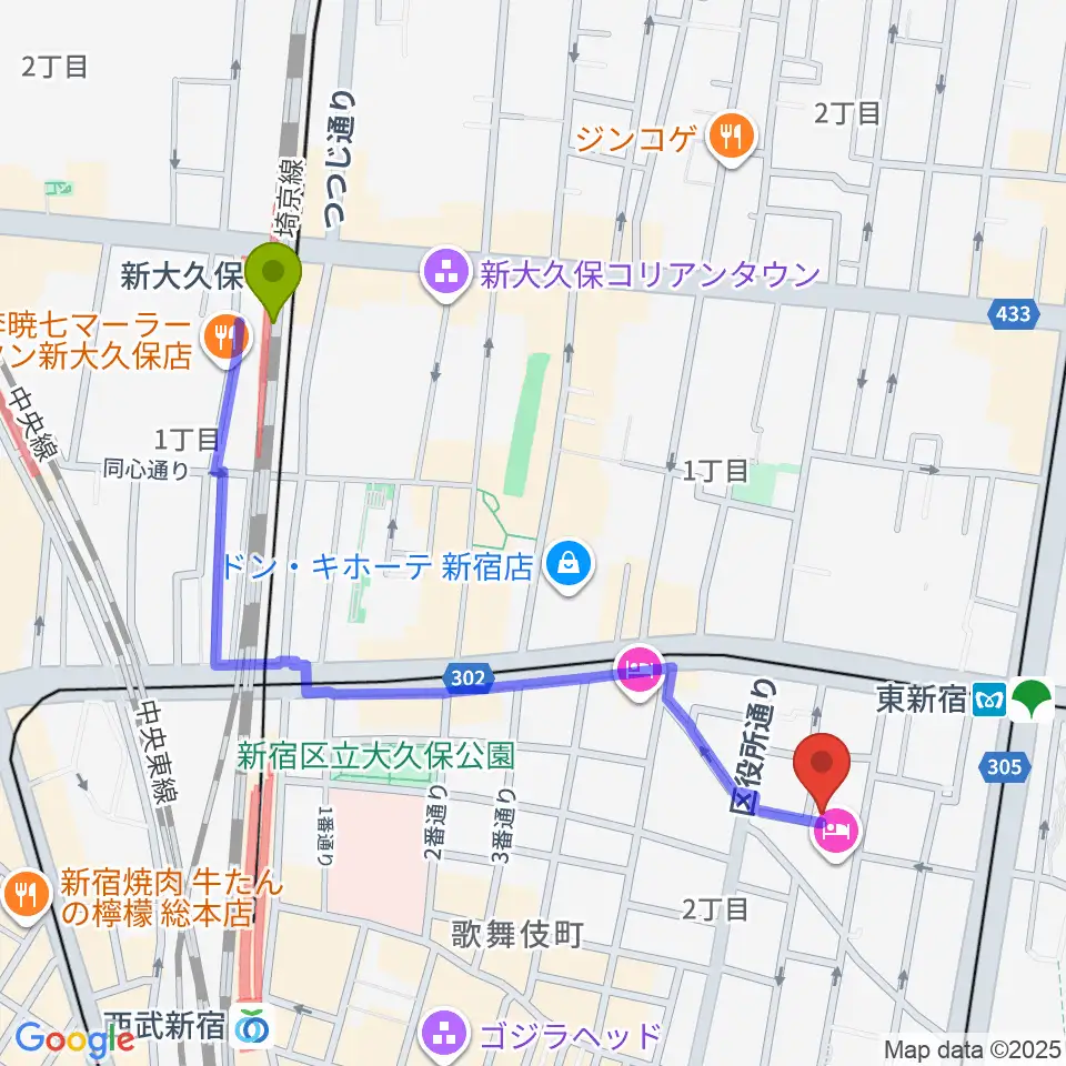 新大久保駅からコフレリオ新宿シアターへのルートマップ地図