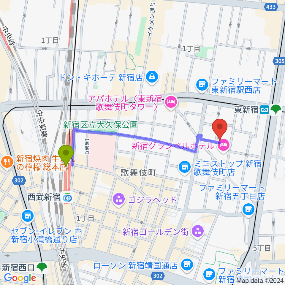 西武新宿駅からコフレリオ新宿シアターへのルートマップ地図