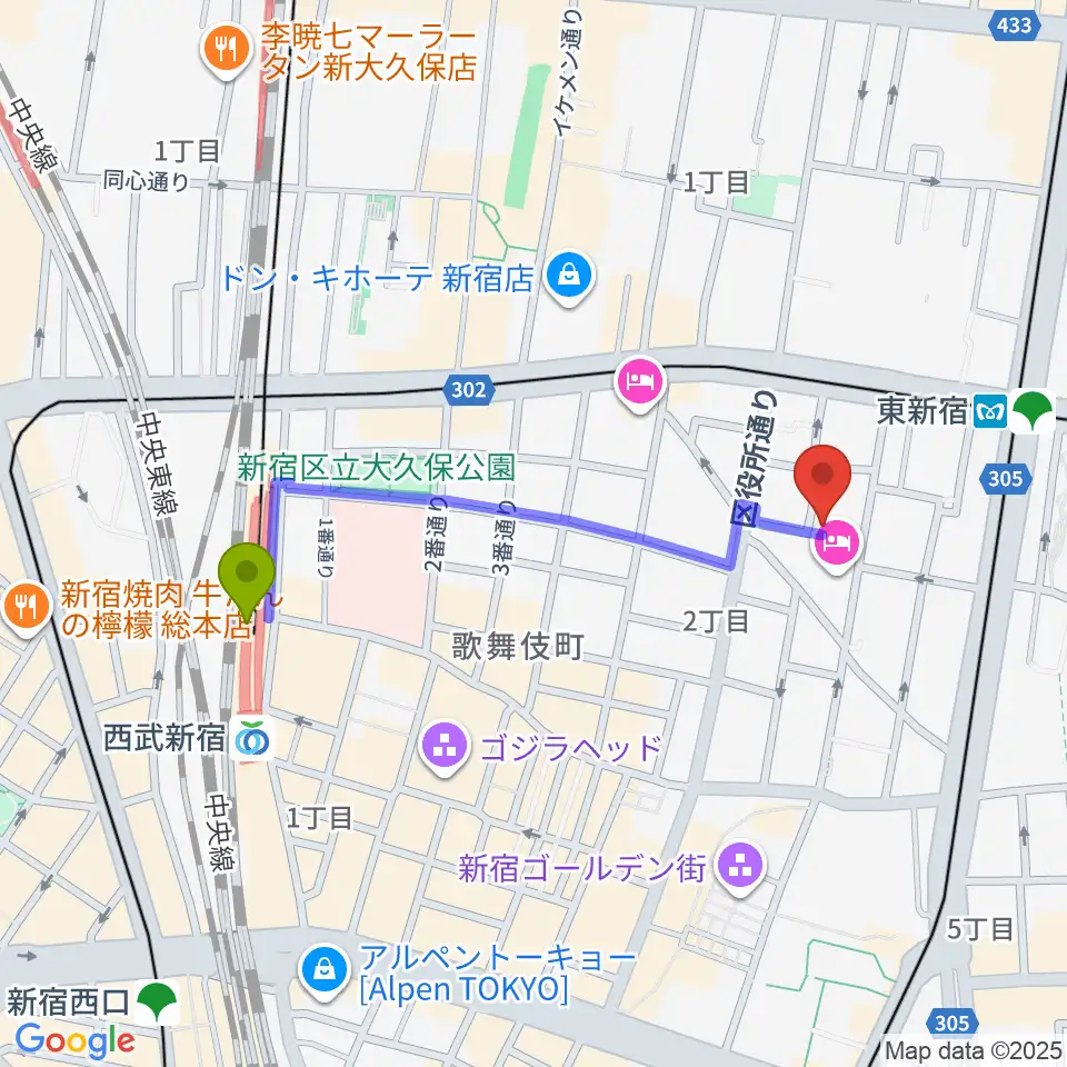 西武新宿駅からコフレリオ新宿シアターへのルートマップ地図