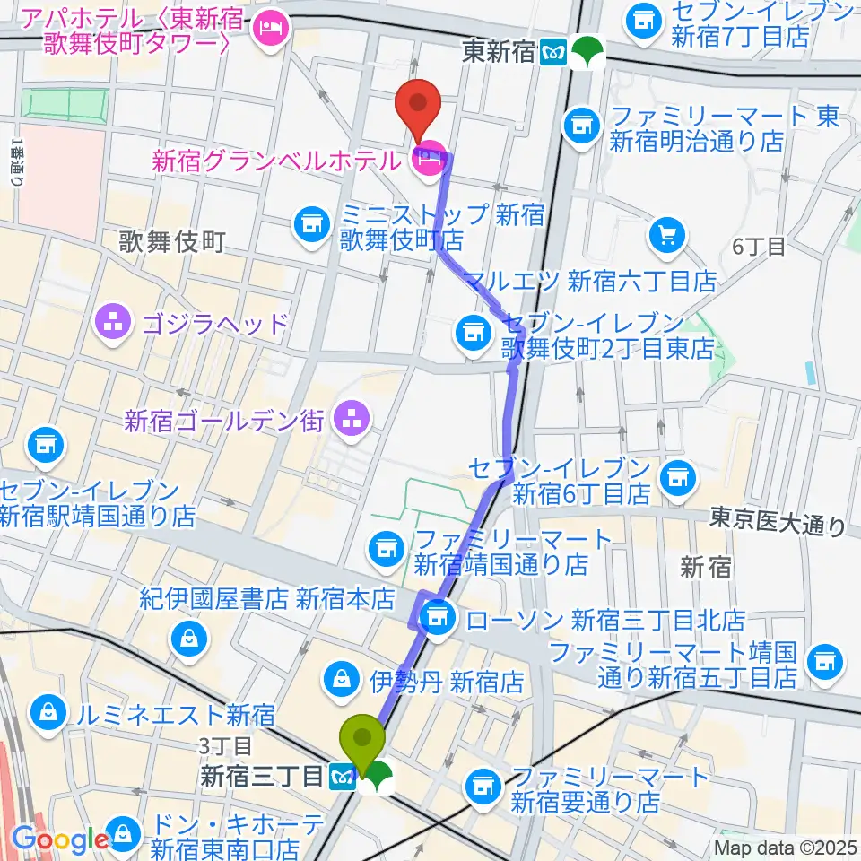 新宿三丁目駅からコフレリオ新宿シアターへのルートマップ地図