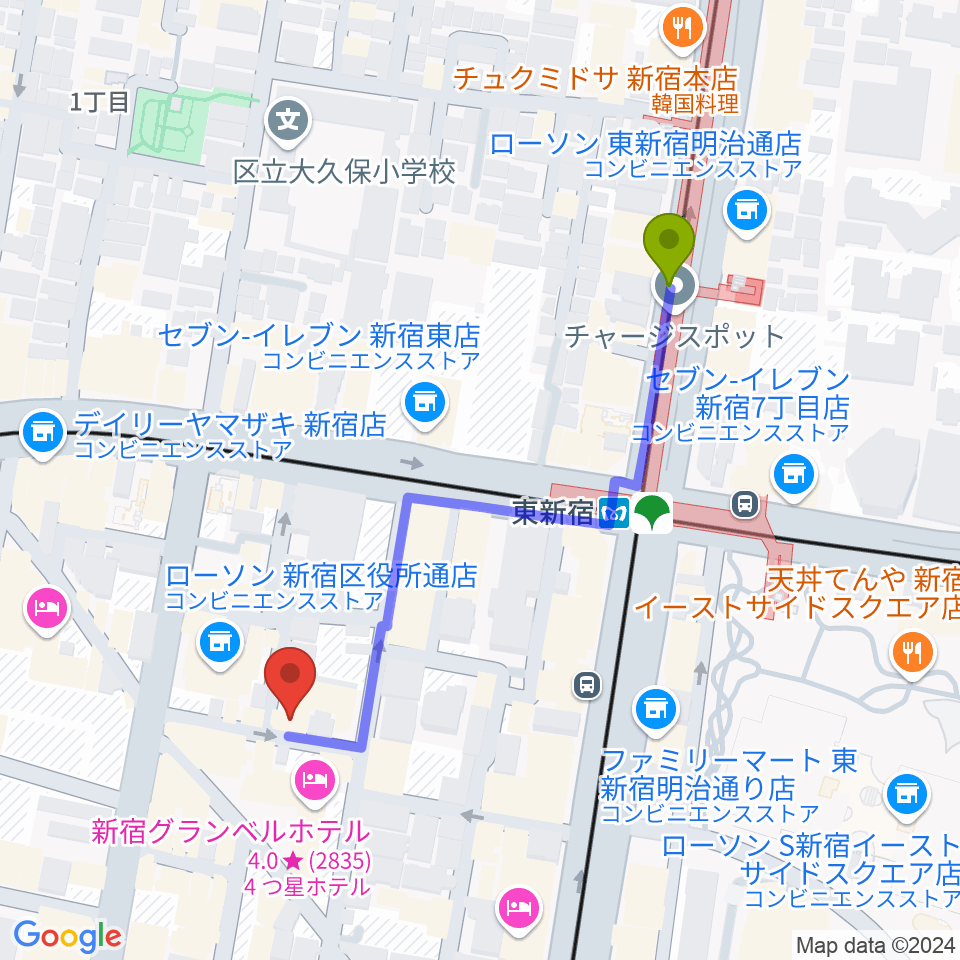 コフレリオ新宿シアターの最寄駅東新宿駅からの徒歩ルート（約5分）地図