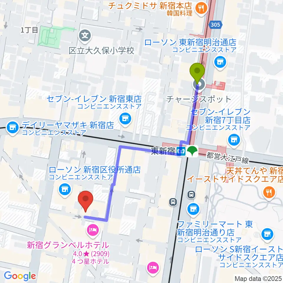 コフレリオ新宿シアターの最寄駅東新宿駅からの徒歩ルート（約5分）地図