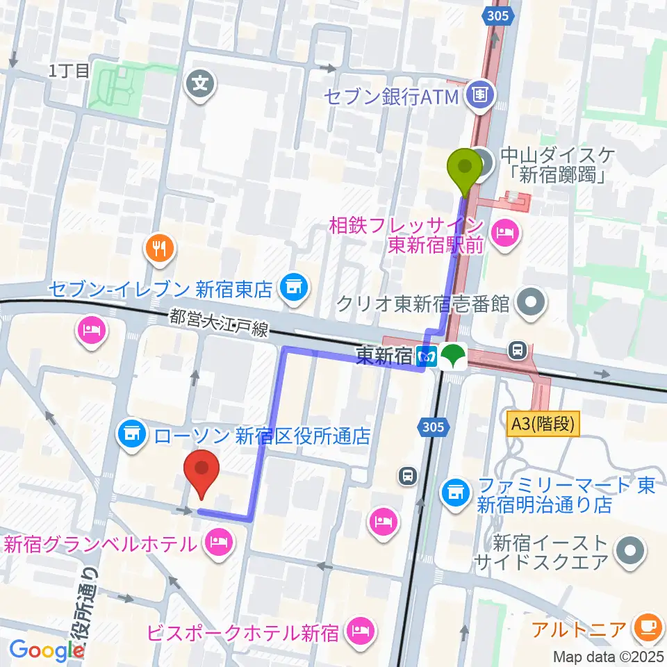 コフレリオ新宿シアターの最寄駅東新宿駅からの徒歩ルート（約5分）地図
