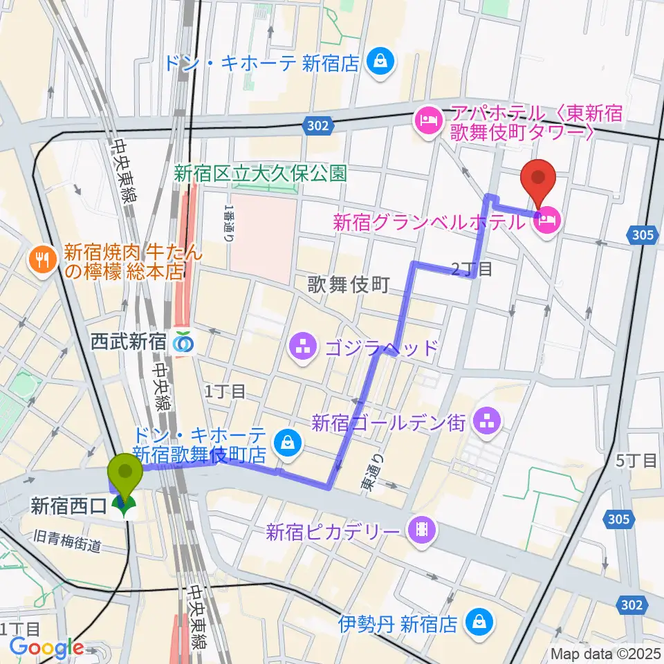 新宿西口駅からコフレリオ新宿シアターへのルートマップ地図