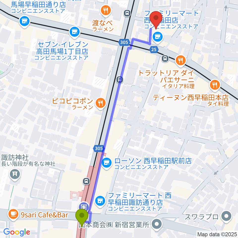 西早稲田駅から高田馬場ラビネストへのルートマップ地図