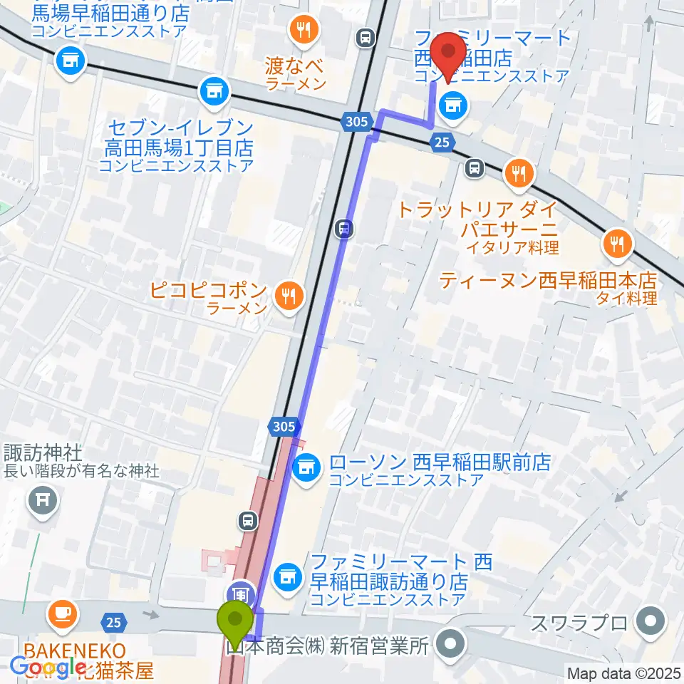 西早稲田駅から高田馬場ラビネストへのルートマップ地図