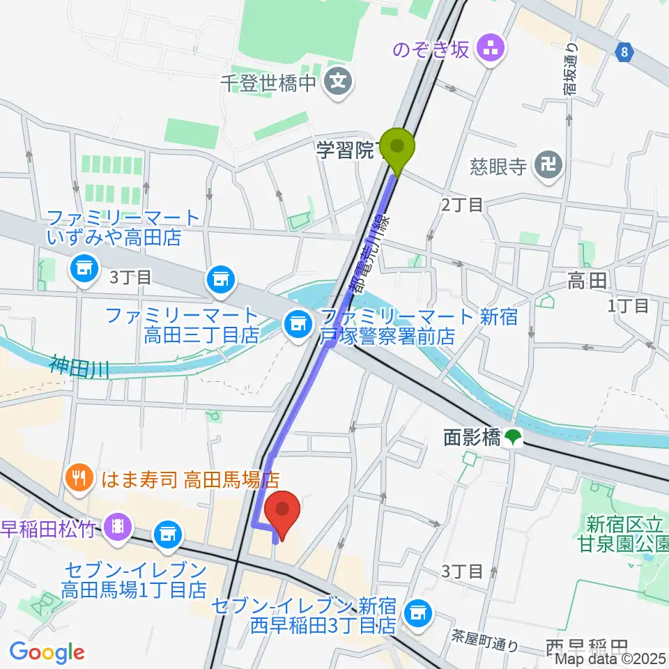 学習院下駅から高田馬場ラビネストへのルートマップ地図