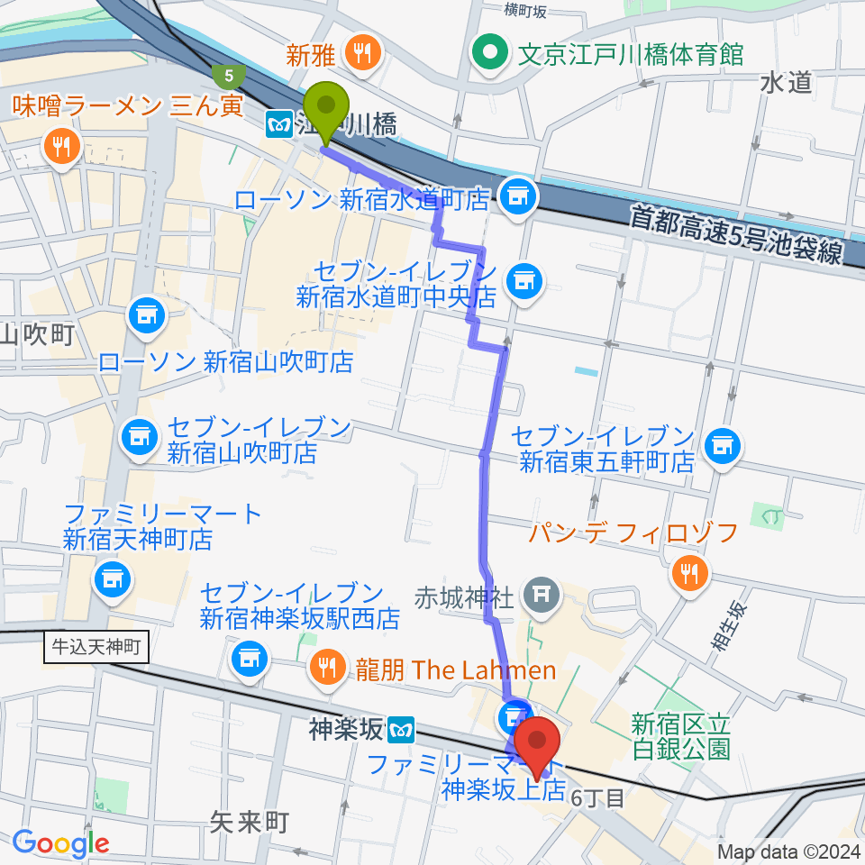 江戸川橋駅から神楽音へのルートマップ地図