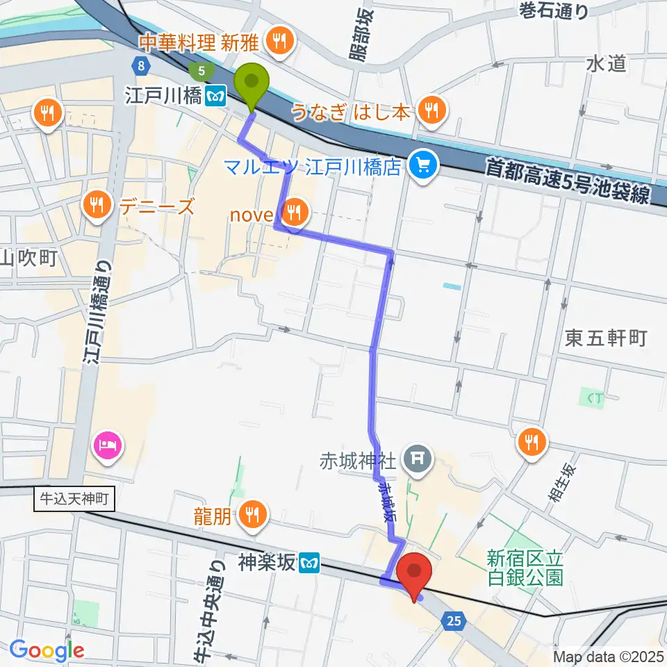 江戸川橋駅から神楽音へのルートマップ地図