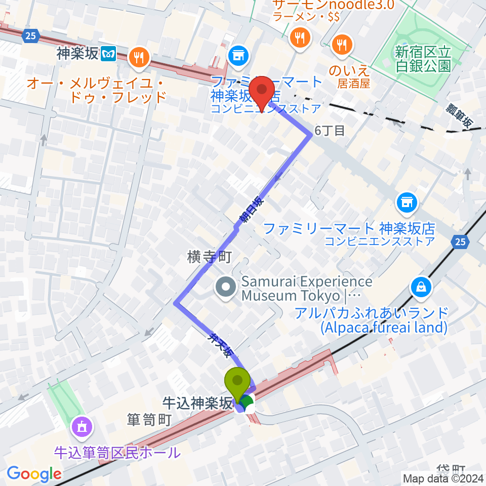 牛込神楽坂駅から神楽音へのルートマップ地図