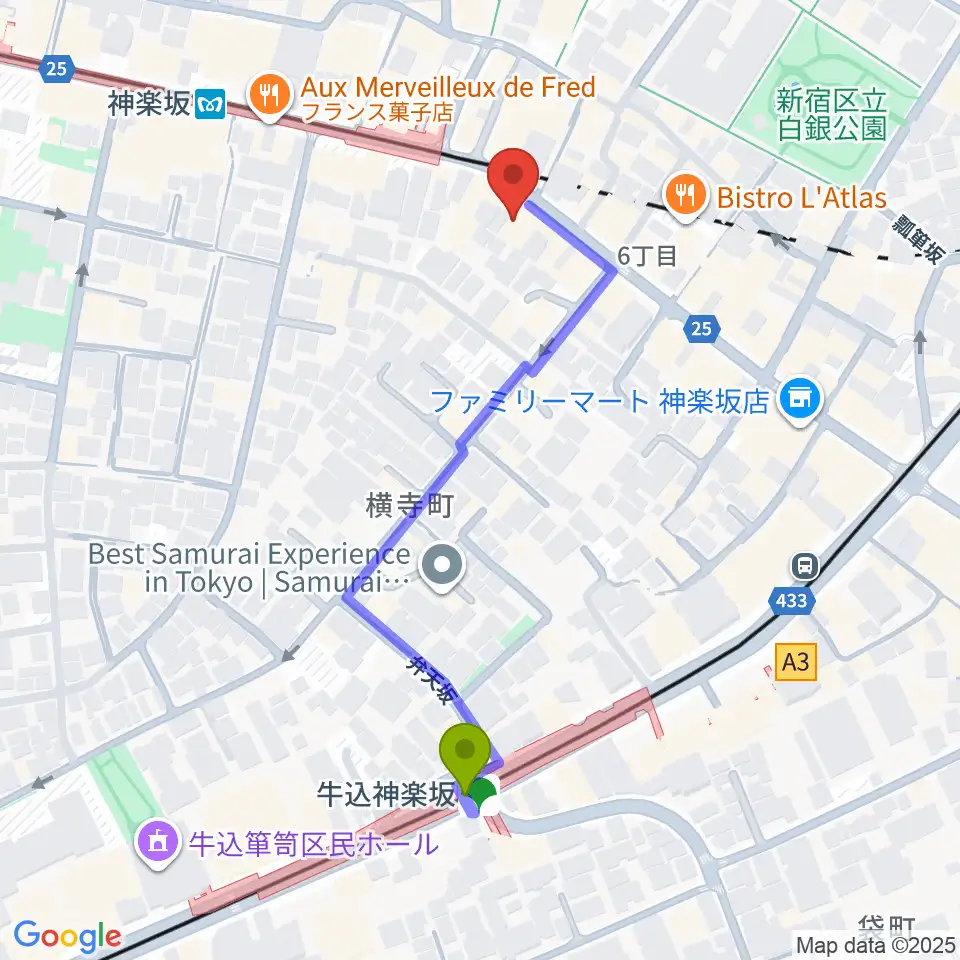 牛込神楽坂駅から神楽音へのルートマップ地図