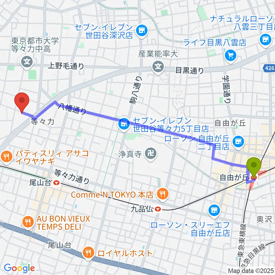 自由が丘駅からアソルハーモニクスへのルートマップ地図