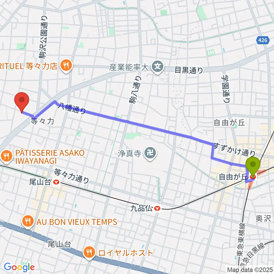 自由が丘駅からアソルハーモニクスへのルートマップ地図