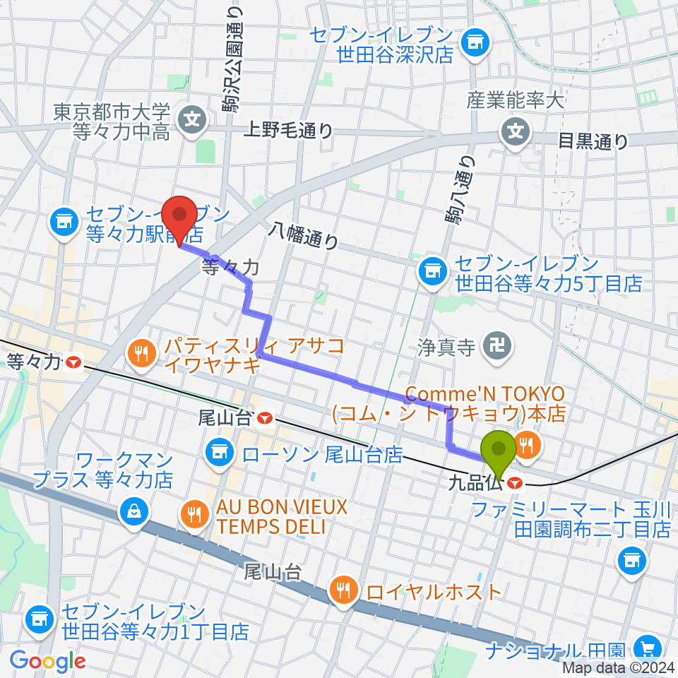 九品仏駅からアソルハーモニクスへのルートマップ地図