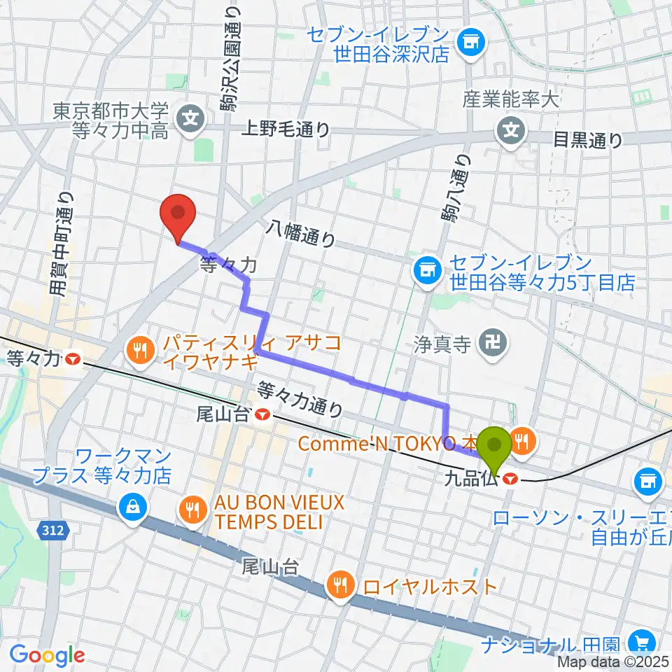 九品仏駅からアソルハーモニクスへのルートマップ地図