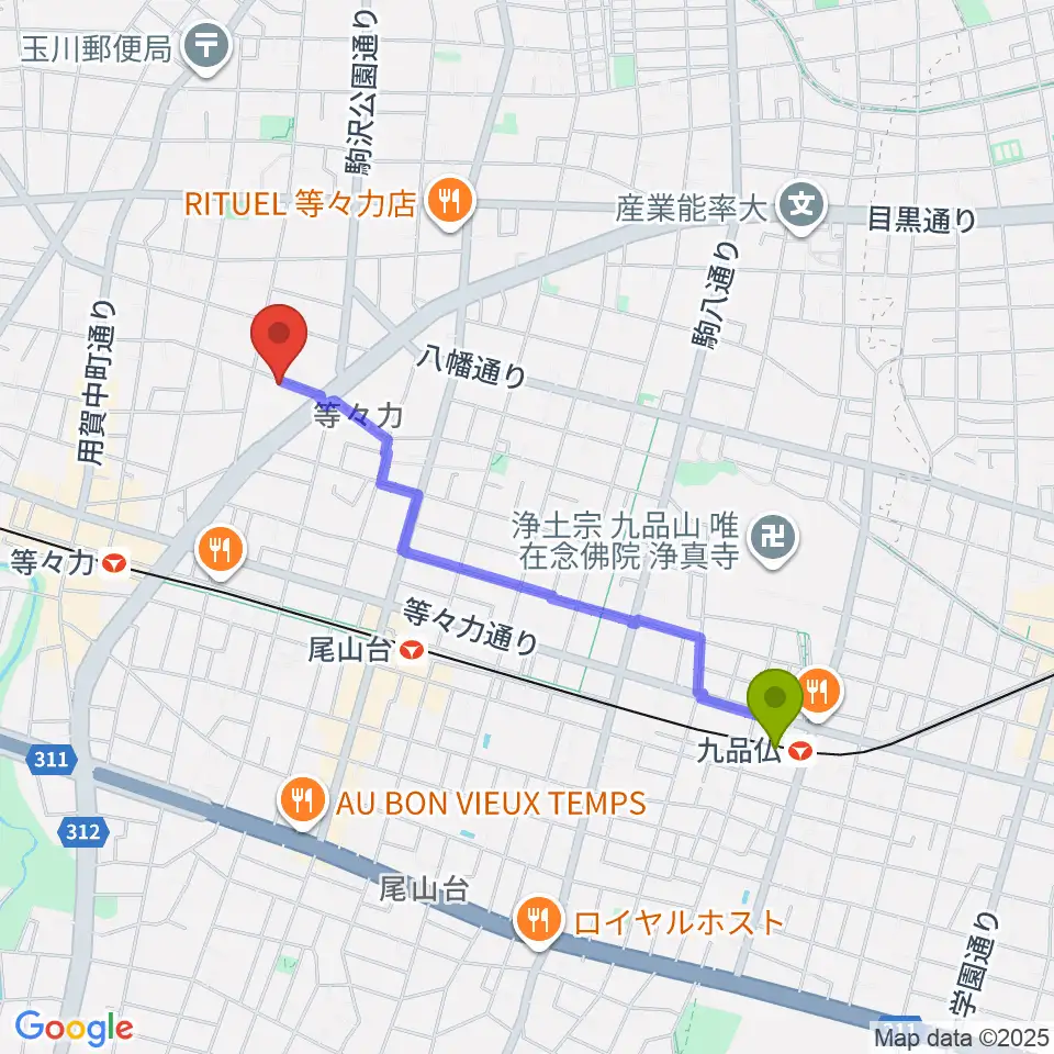 九品仏駅からアソルハーモニクスへのルートマップ地図