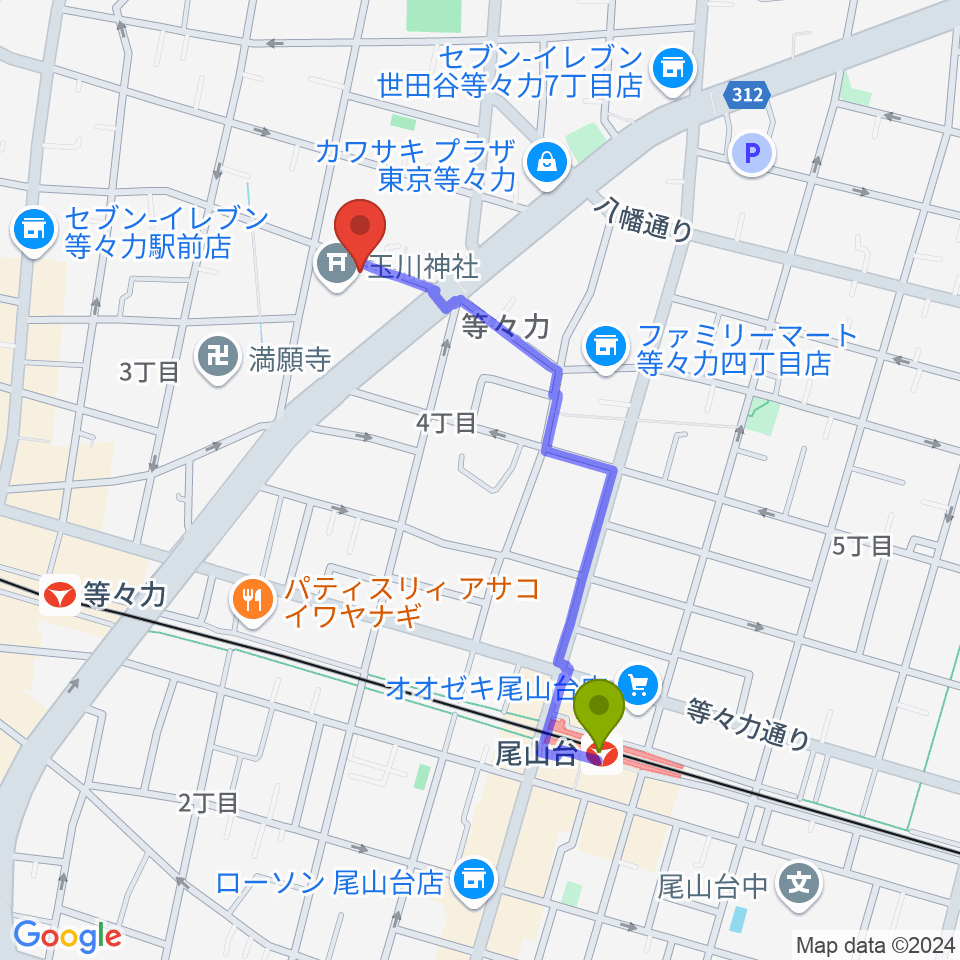 尾山台駅からアソルハーモニクスへのルートマップ地図