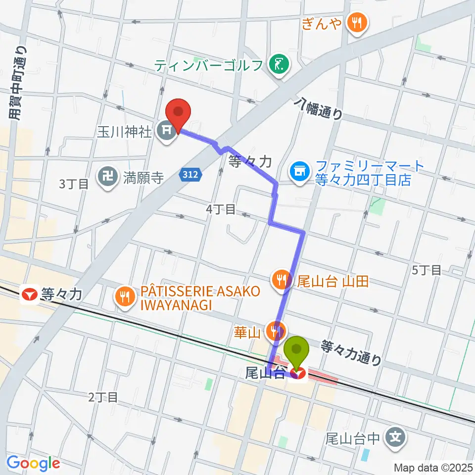 尾山台駅からアソルハーモニクスへのルートマップ地図