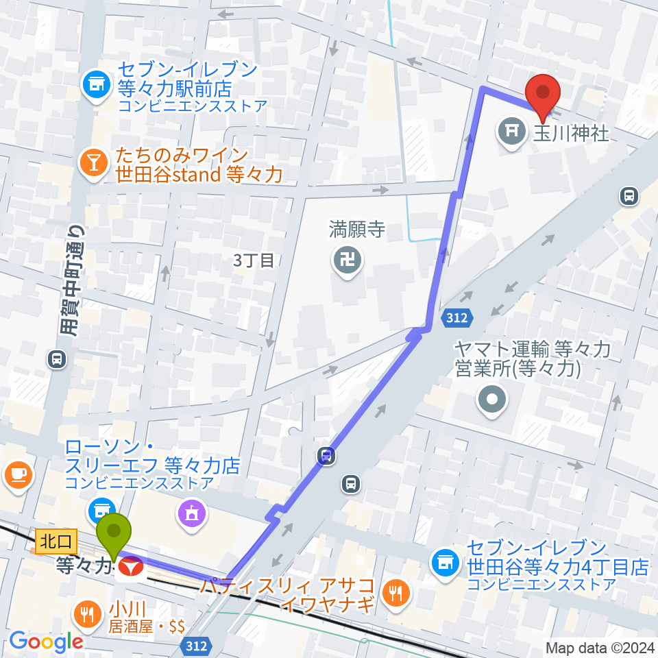 アソルハーモニクスの最寄駅等々力駅からの徒歩ルート（約7分）地図