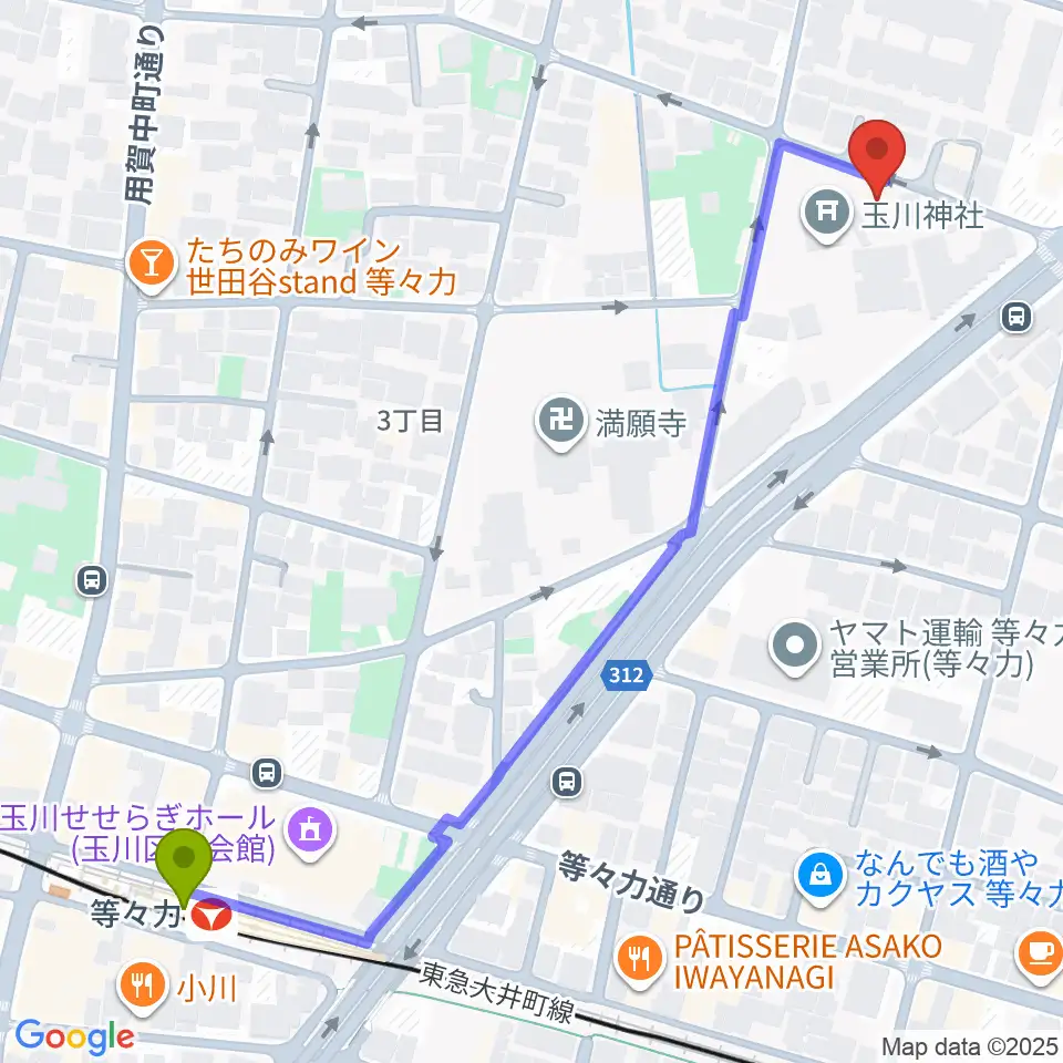 アソルハーモニクスの最寄駅等々力駅からの徒歩ルート（約7分）地図