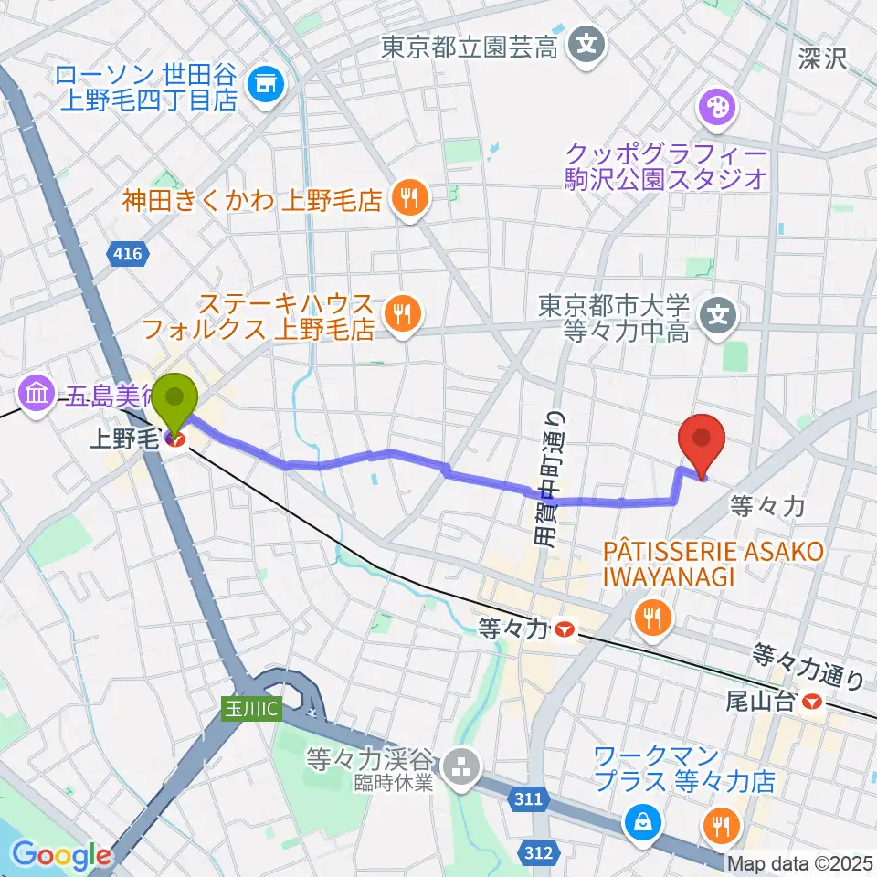 上野毛駅からアソルハーモニクスへのルートマップ地図