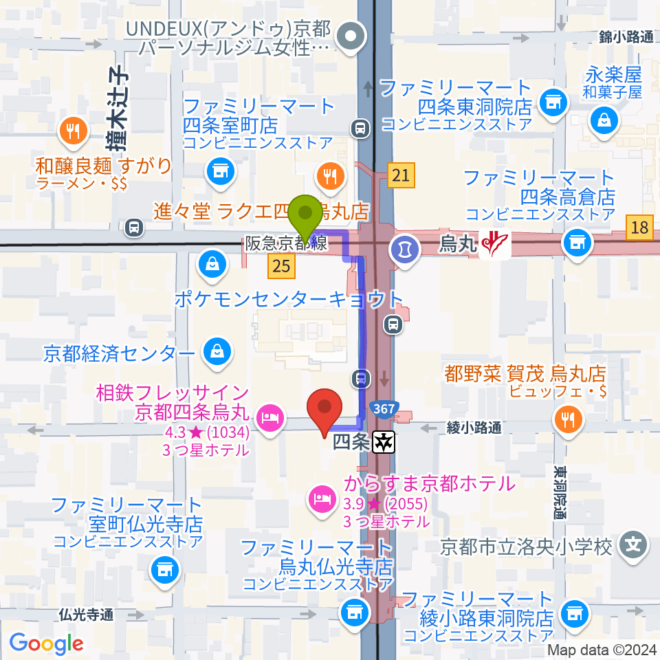 株式会社サロットの最寄駅烏丸駅からの徒歩ルート（約2分）地図