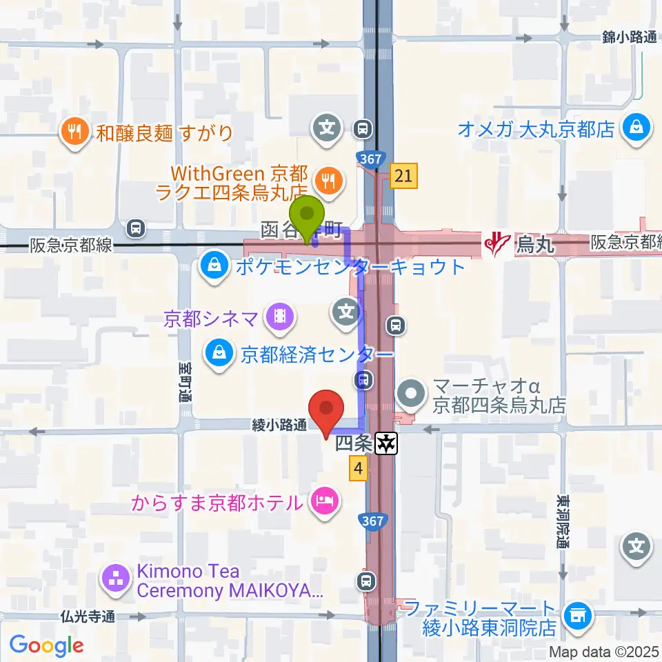 株式会社サロットの最寄駅烏丸駅からの徒歩ルート（約2分）地図