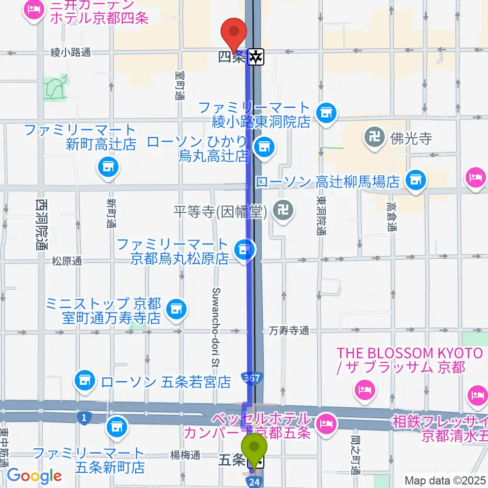 五条駅から株式会社サロットへのルートマップ地図