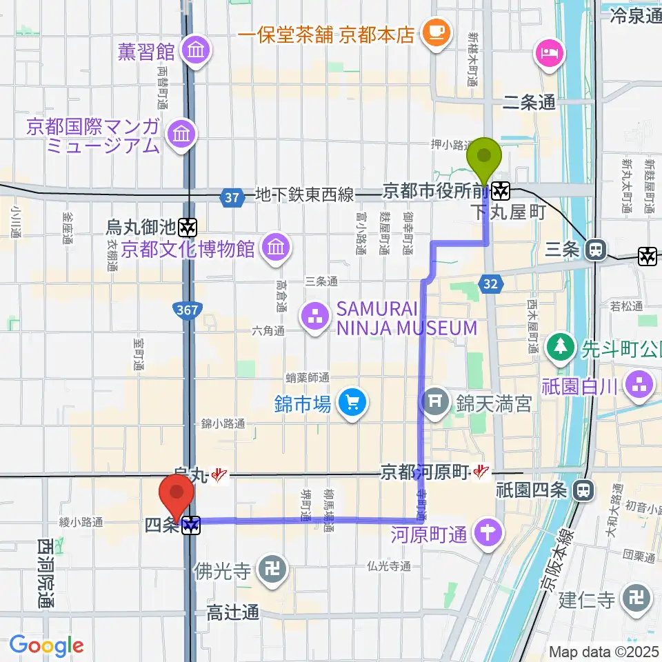 京都市役所前駅から株式会社サロットへのルートマップ地図